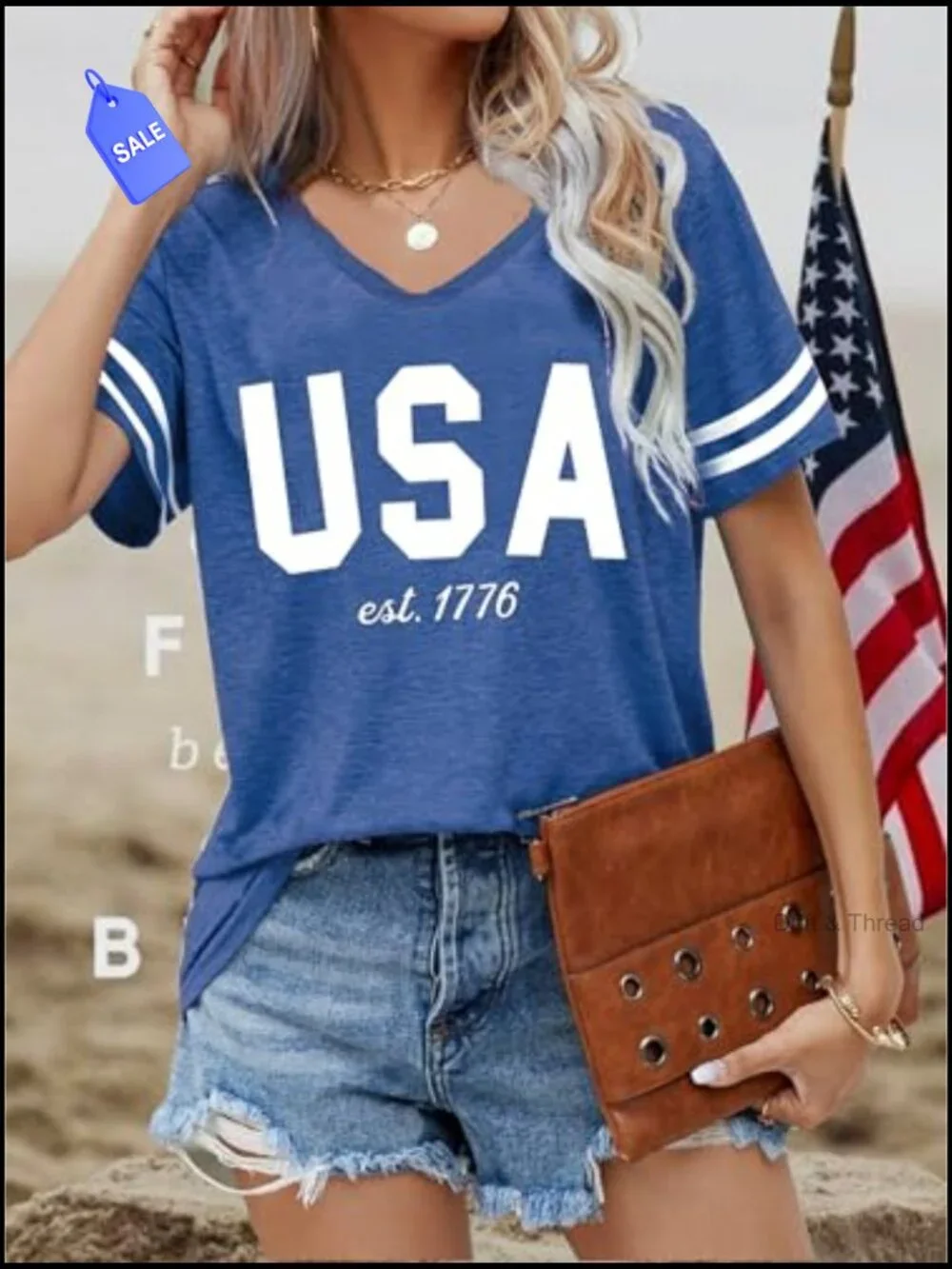 Patriotic American Flag V-Neck T-Shirt Short Sleeve Casual Top Tees - Picture 3 of 3